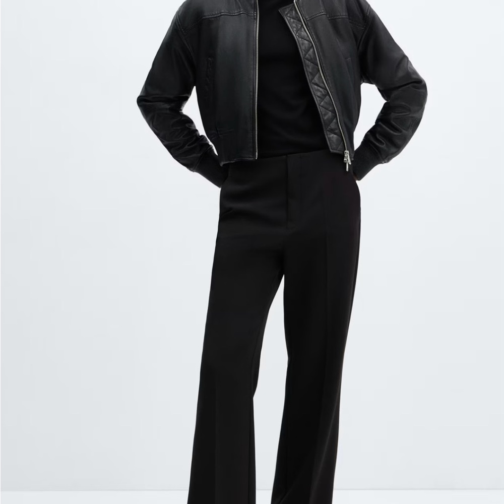 Mango Classic Black Leather Bomber Jacket - Picture 2 of 11